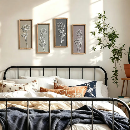4 Piece Set Wood Frame Floral Hollow Out Wall Art