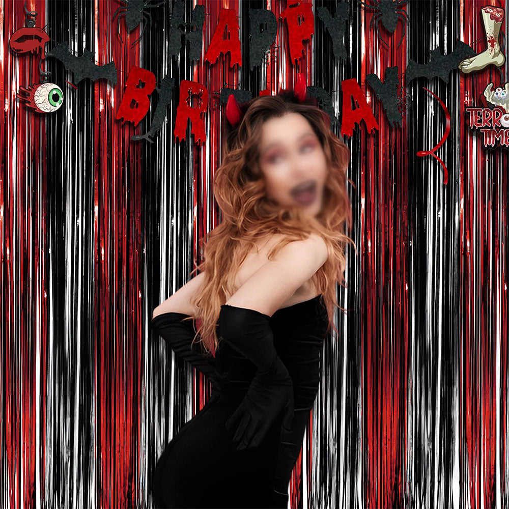 2 Pack 2m Black Red Halloween Tinsel Fringe Backdrop Curtains