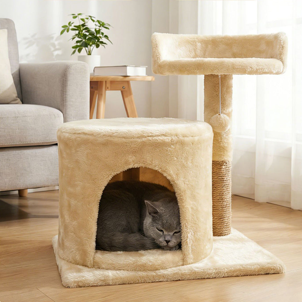 Small Cat Tree Tower with Enclosed Condo Scratching Post and Hanging Toy - Beige
