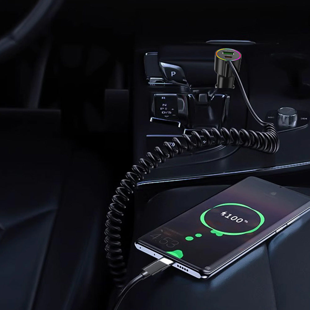 3-in-1 Car Charger ¨C Retractable Coiled Cable with USB and Type-C Fast Charging