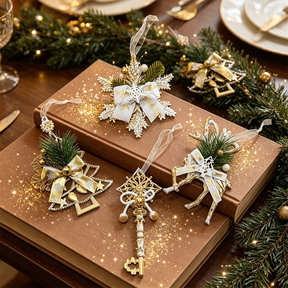 4 Piece Gold Christmas Snowflake Deer Tree and Key Hanging Ornament Set