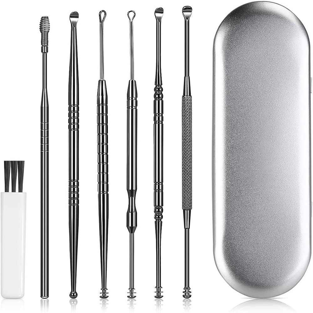 6Pcs Stainless Steel Ear Cleansing Tool Set Ear Cleaner Ear Care Set with Storage Case -Black
