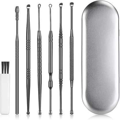 6Pcs Stainless Steel Ear Cleansing Tool Set Ear Cleaner Ear Care Set with Storage Case -Black