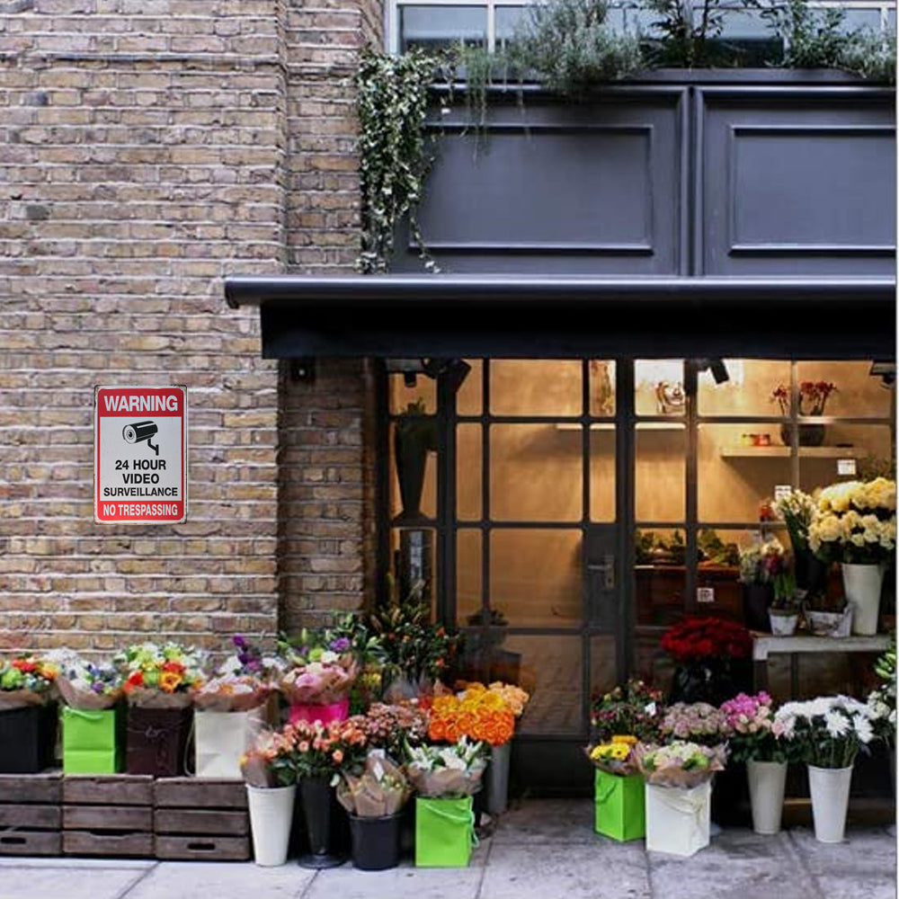 2Pcs Warning Sign 24 Hour Video Surveillance Sign for Home Business CCTV Security Camera