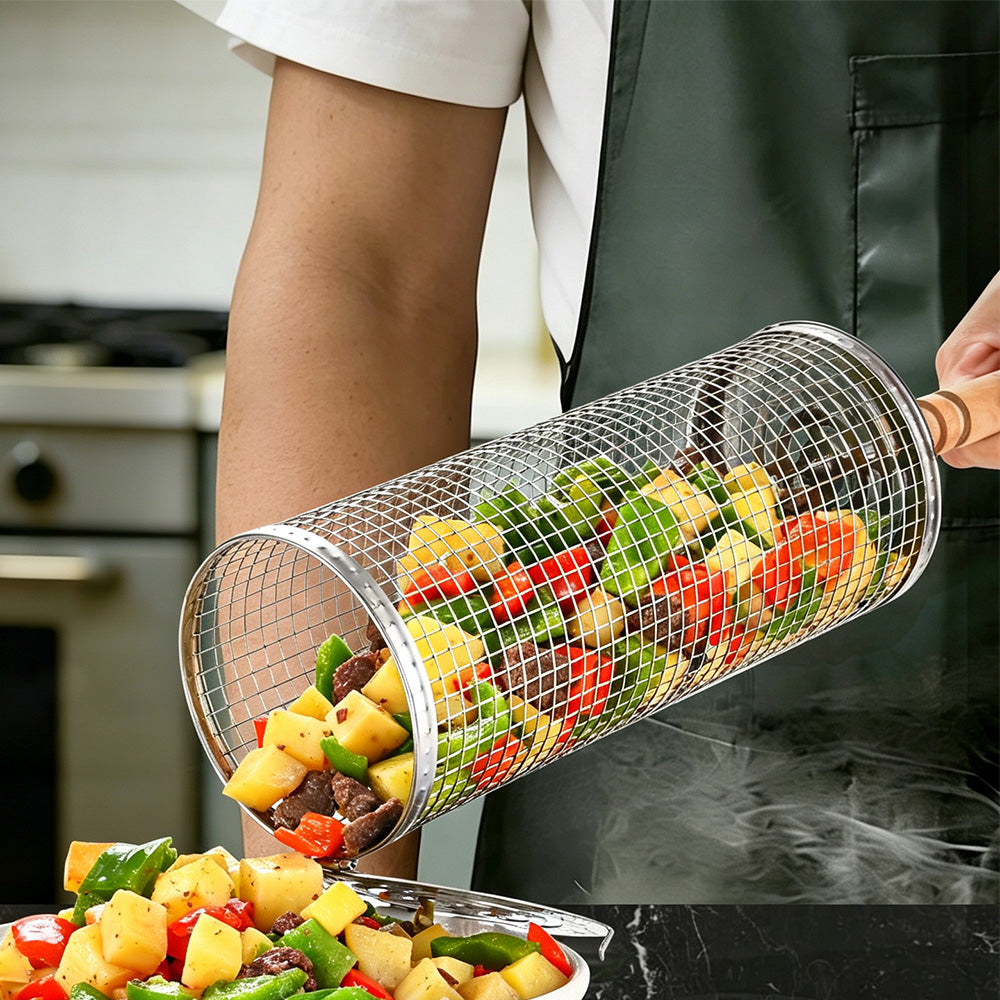 2 Pack Stainless Steel Rolling Grill Baskets with Handles