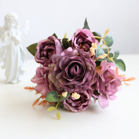 Artificial Peony Flowers Faux Flowers Satin Silk Rose Lilies Bouquet Vintage Home Decor-Purple