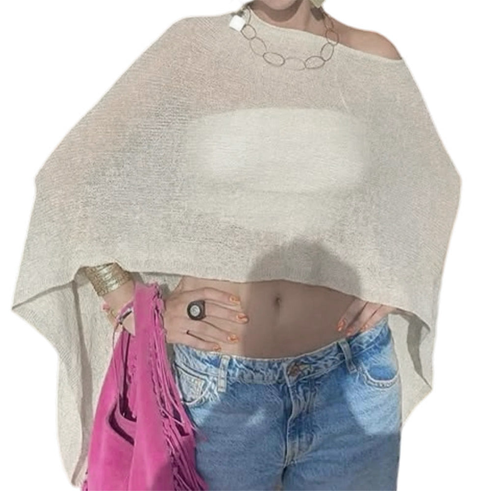 Summer Irregular Sheer Poncho Shawl Beach Cover Up - Beige