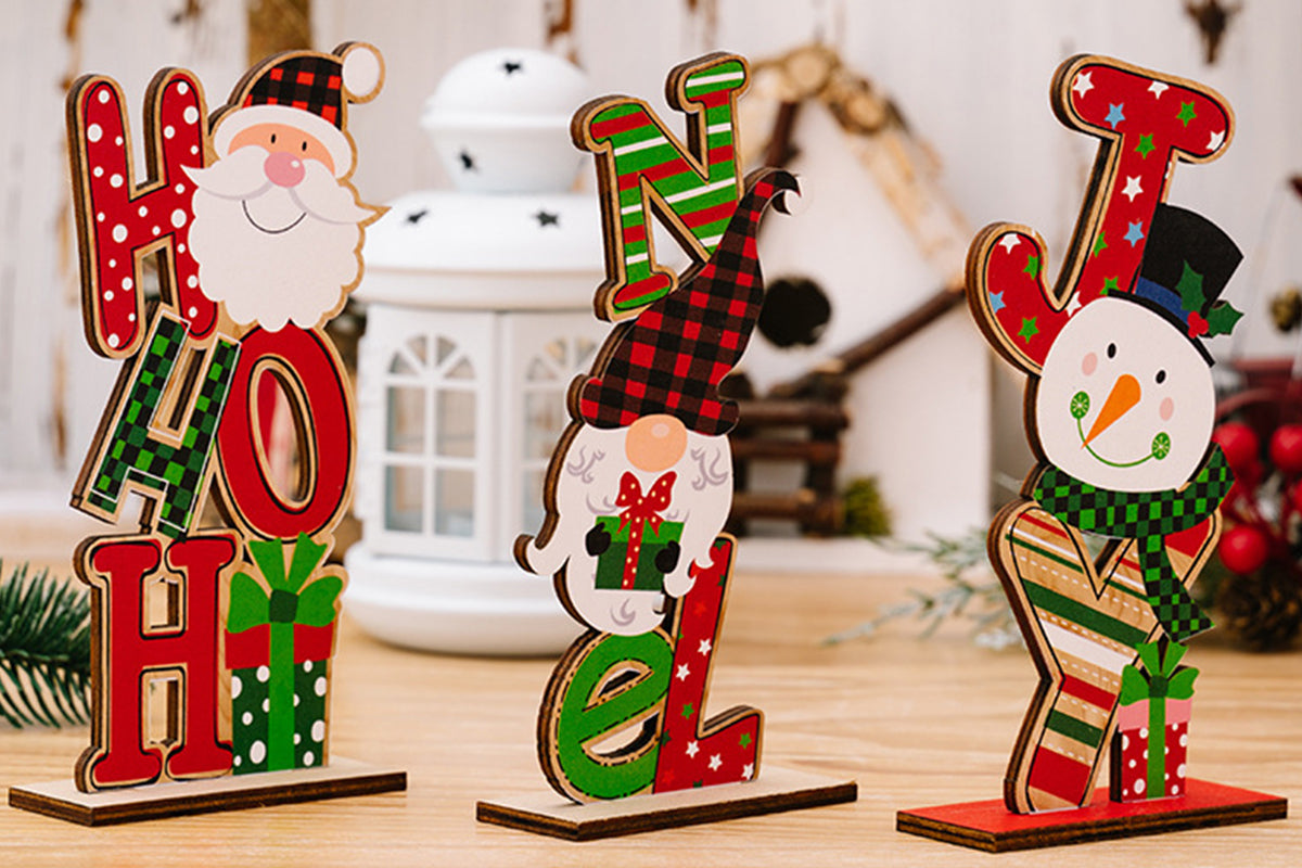 3Pcs Christmas Wooden Letter Figurine Ornaments Set with Santa Snowman Gnome Table Decoration Signs-Each of Style