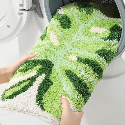 Faux Sherpa Bathroom Mat Monstera Leaf Design Non Slip Washable Rug for Bathroom Floor