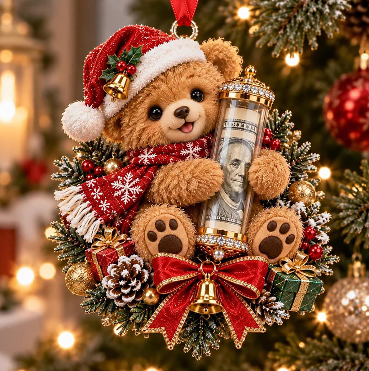 5 Piece Christmas Cash Holder Animal Ornaments with Clear Money Tubes