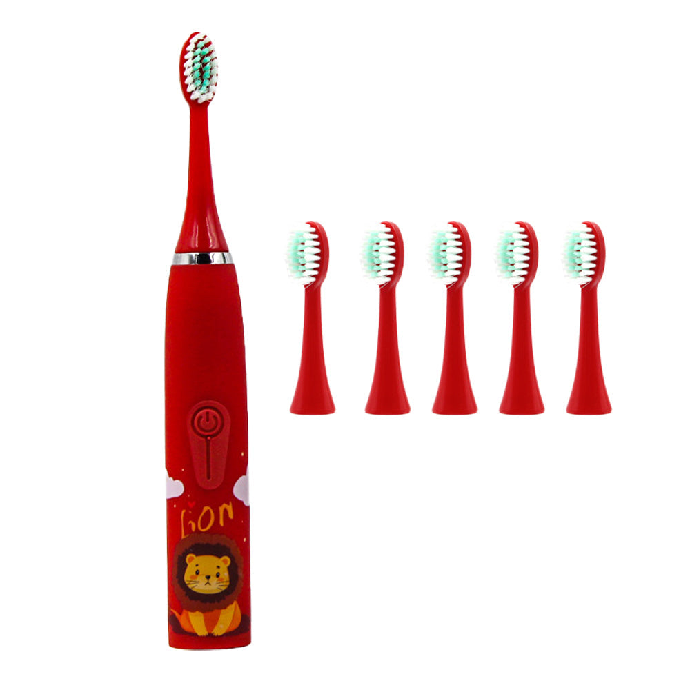 Kids Cartoon Electric Toothbrush Rechargeable Speed Control Toothbrush with 6 Replacement Heads Red