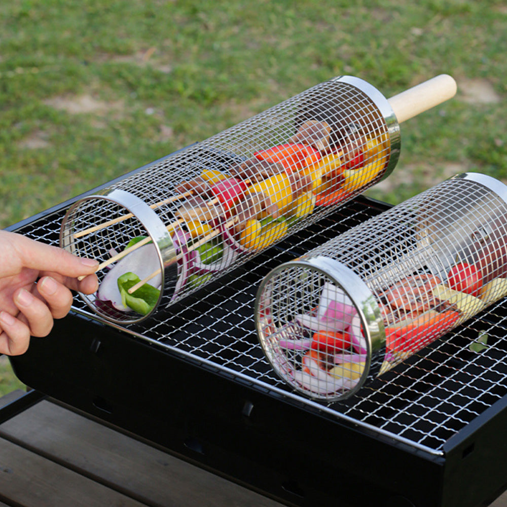 2 Pack Rolling Grill Basket with Wooden Handle