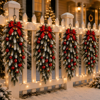 2 Pieces 60cm Christmas Teardrop Wreath with Pine Needles Bells