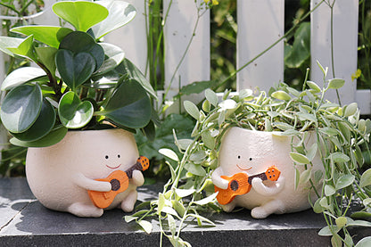 2Pcs Smily Face Planter Pot with Drainage Hole Cute Resin Head Planters Unique Guitar Succulent Pots for Indoor Outdoor Plants Gift-Each of Size