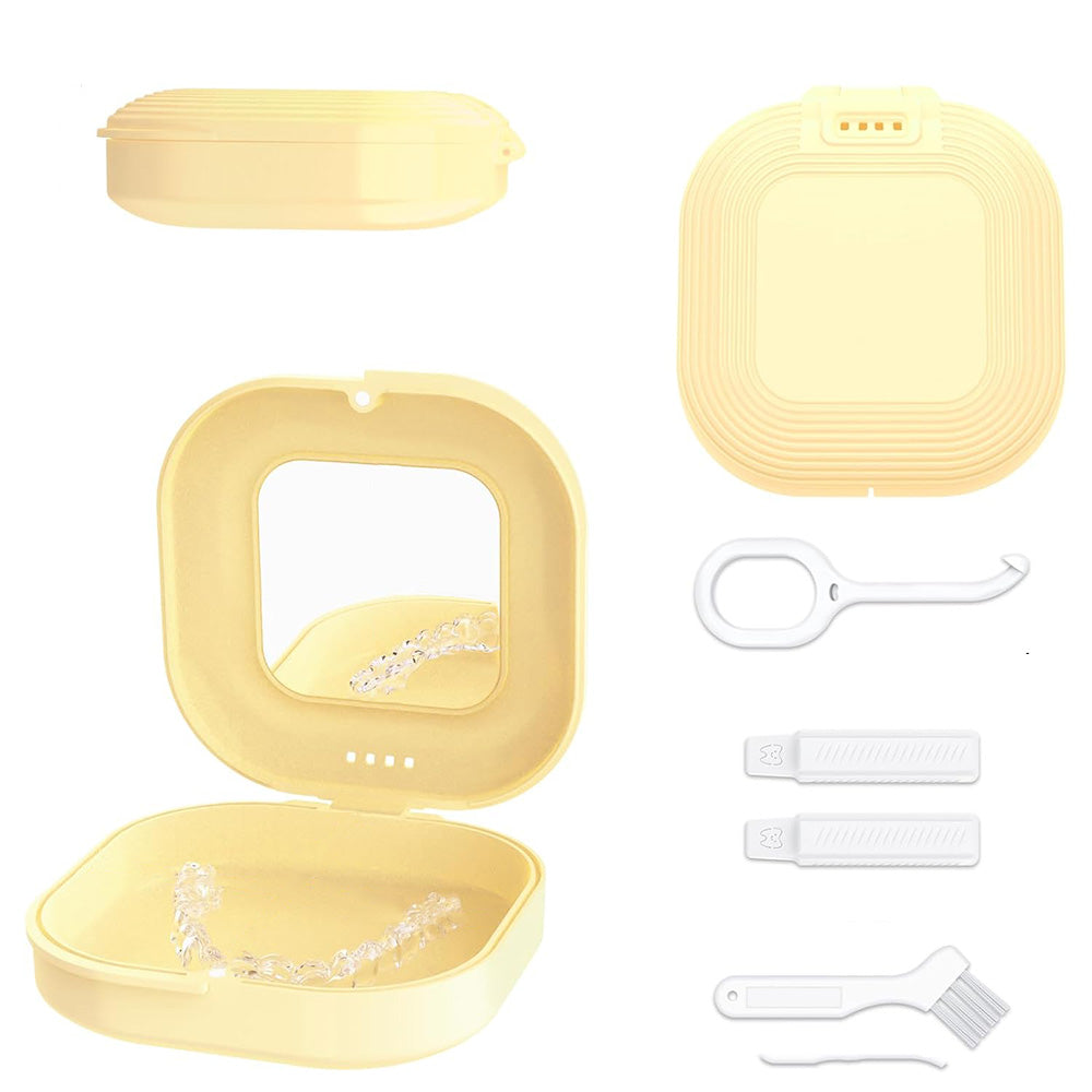 Retainer Case with Mirror and Retainer Removal Tool Mouth Guard Storage Box-Yellow