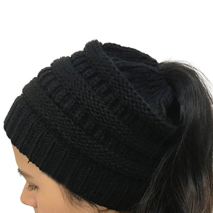 Winter Cable Knit Ponytail Beanie High Bun Crochet Hat - Black