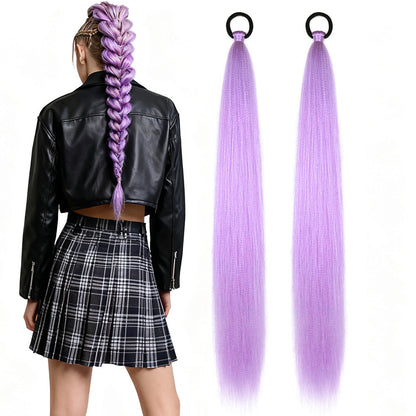 2PCS Purple Ponytail Extensions with Elastic Tie Straight Sleek Wrap Around Braids Light Purple