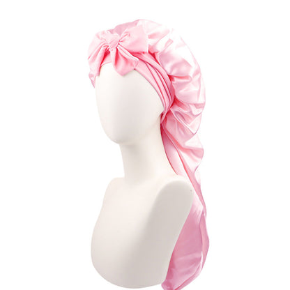 Double-Side Long Hair Bonnet for Sleeping Women Sleeping Cap with Tie Band Pink