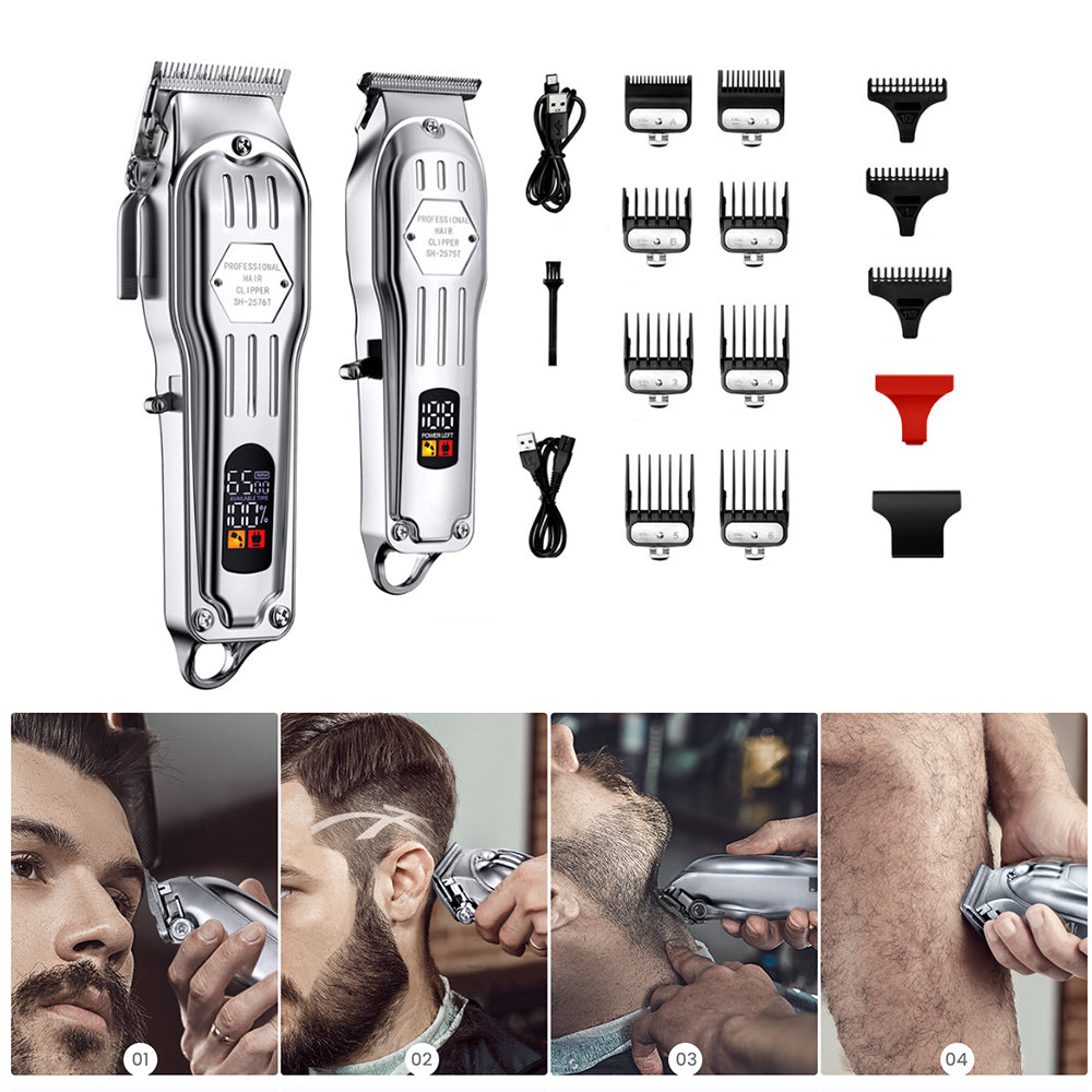 2Pcs Set Hair Clippers Cordless Barber Clippers LCD Display Hair Trimmers Set for Men