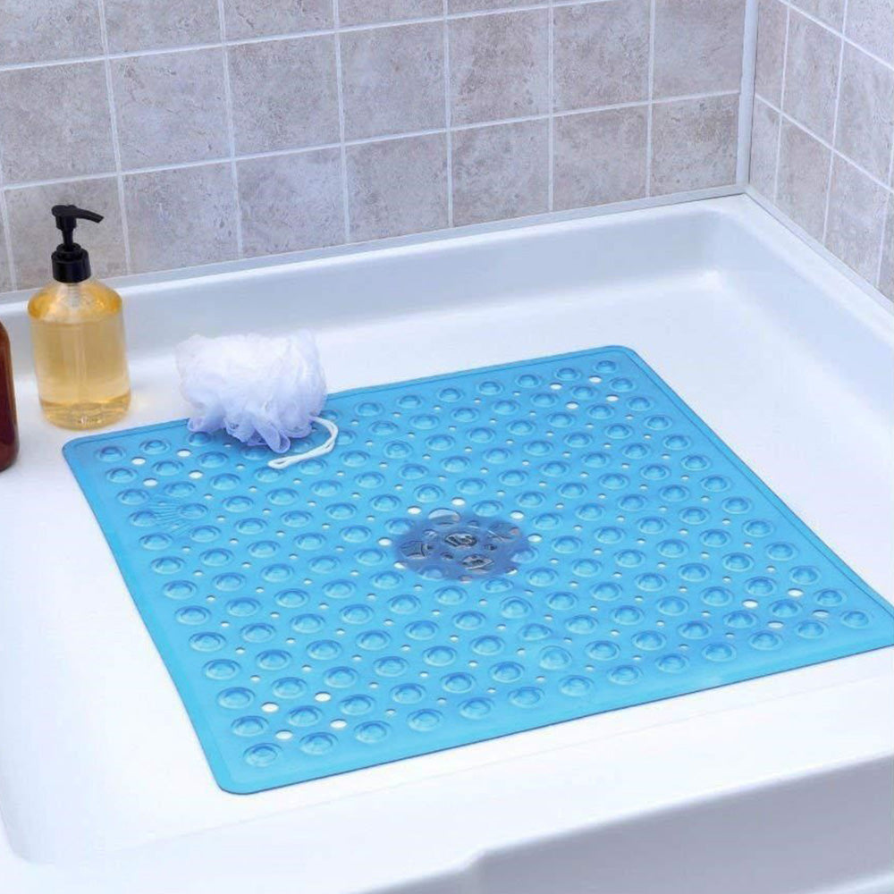 Large Non Slip Shower Mat with Drain Holes Square Shower Mat-Blue