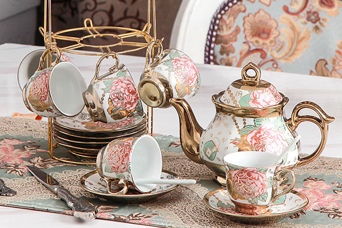 20Pcs Ceramic Tea Sets for Tea Party Porcelain Tea Set With Metal Holder and Teapot