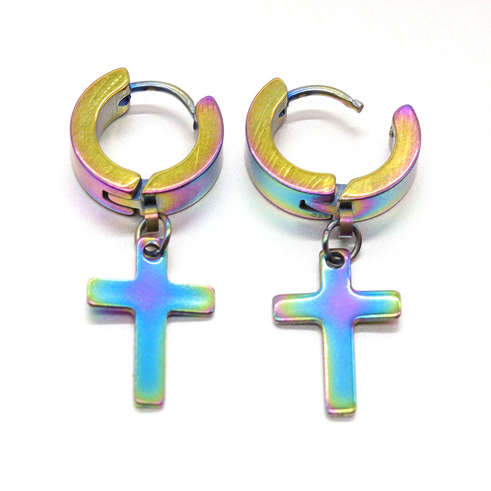 Unisex Cross Dangle Hoop Huggie Stainless Steel Ear Stud Earrings