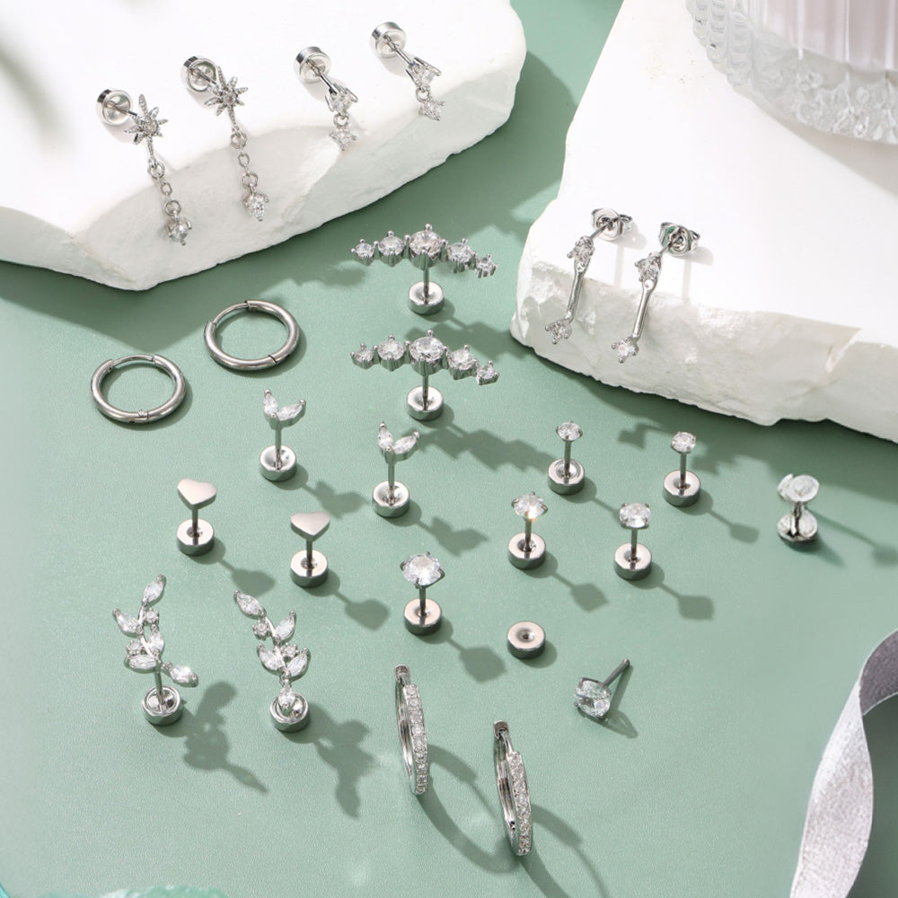12 Pairs Women Earrings Studs and Hoops Set Fashion Cartilage Stackable Jewelry-Silver