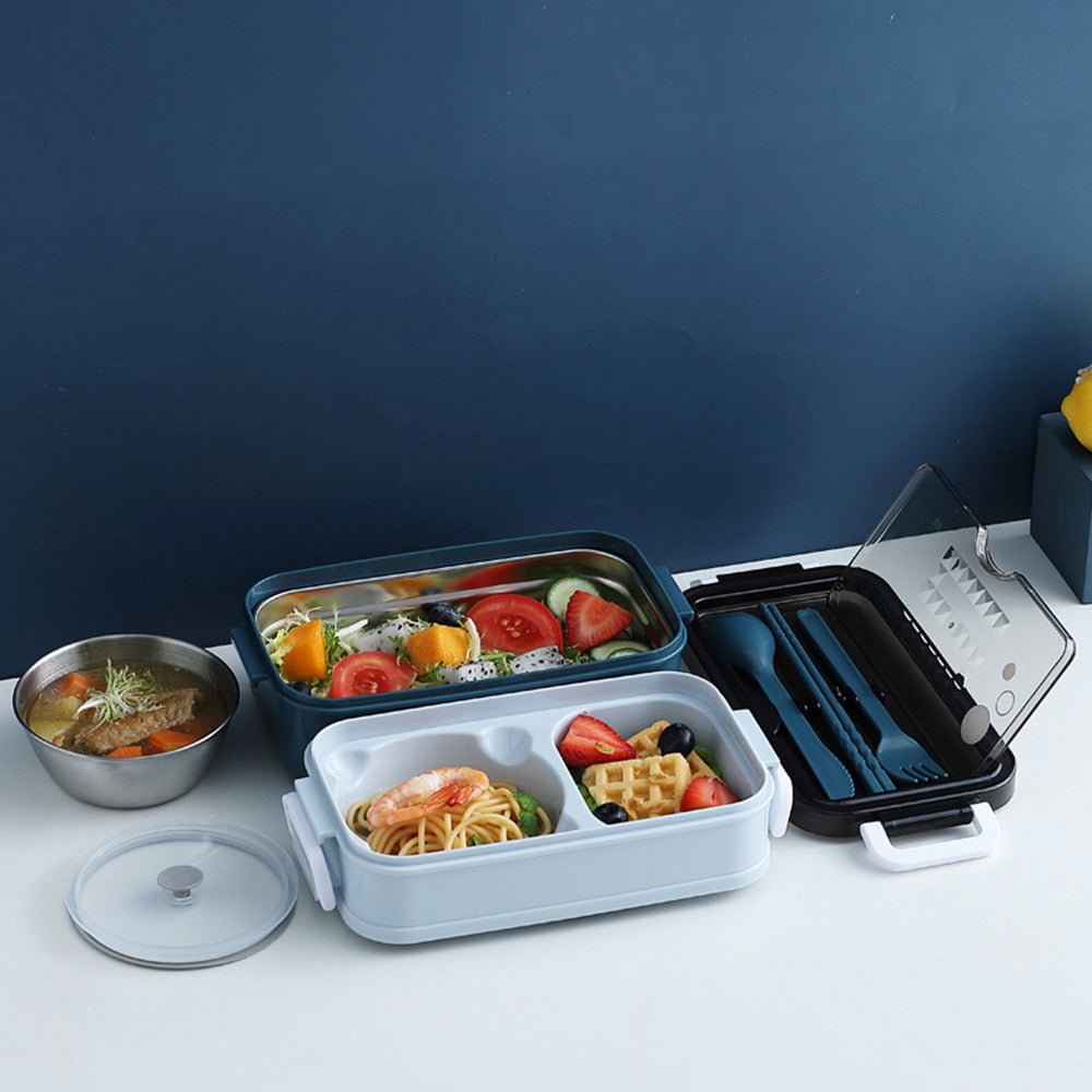 Stackable 3-Compartment Bento Box Lunch Containers with Dinnerware & Seal Cover Blue
