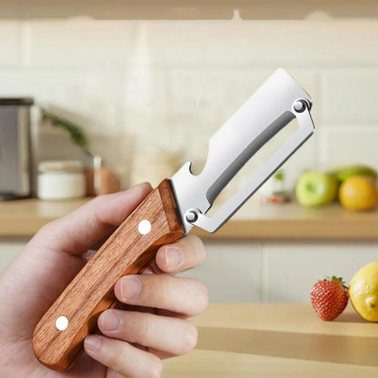 2-in-1 Vegetable Peeler with Wooden Handle Bottle Opener Stainless Steel Blade