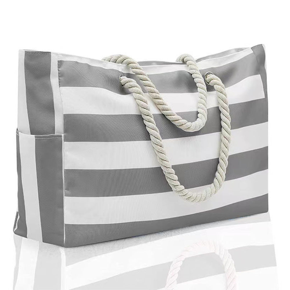 Large Striped Zipper Beach Tote Bag for Travel & Outdoor Vacations Grey