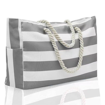 Large Striped Zipper Beach Tote Bag for Travel & Outdoor Vacations Grey