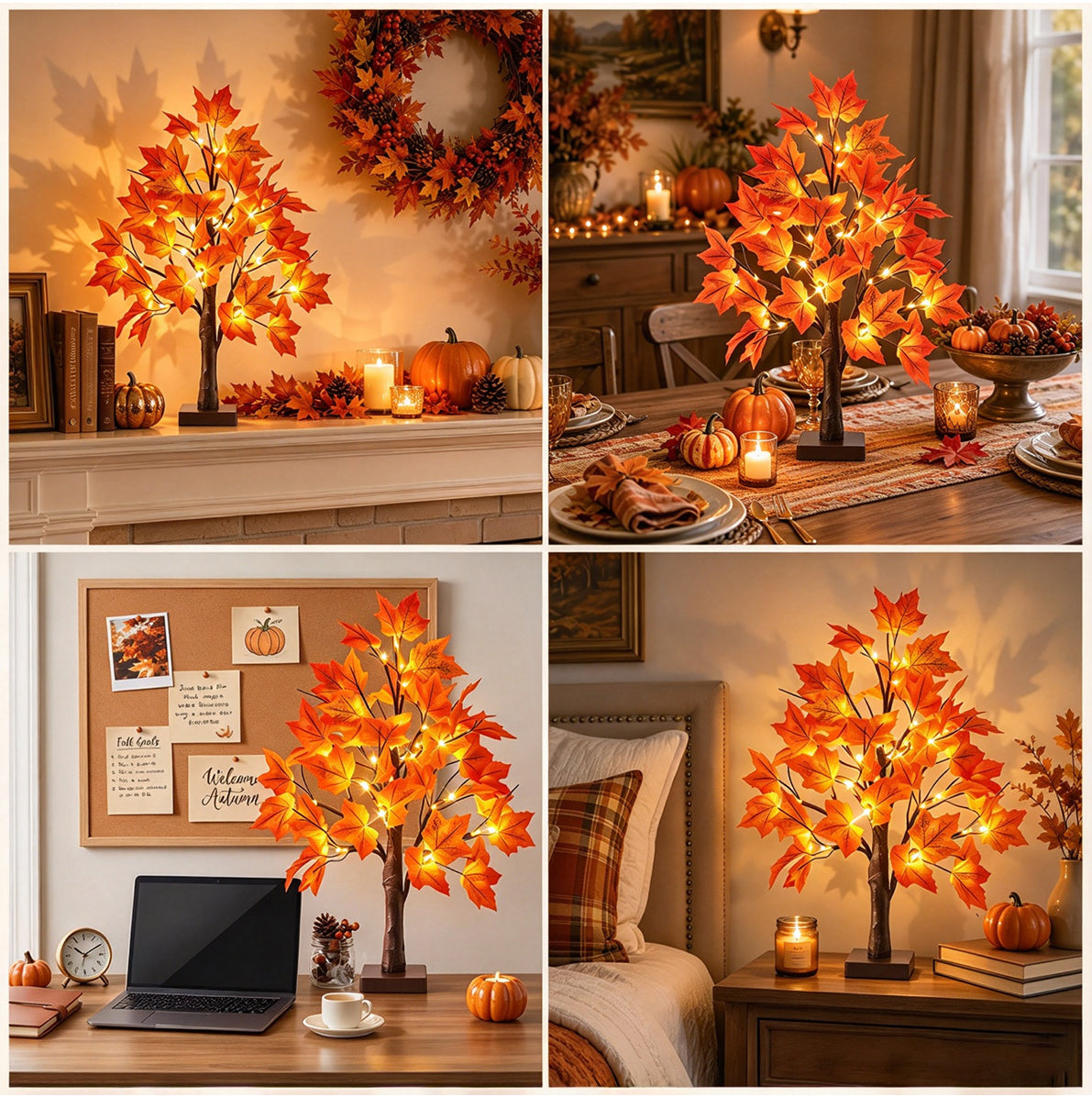 2 Piece 24 LED Lighted Artificial Maple Tree Thanksgiving Table Decor
