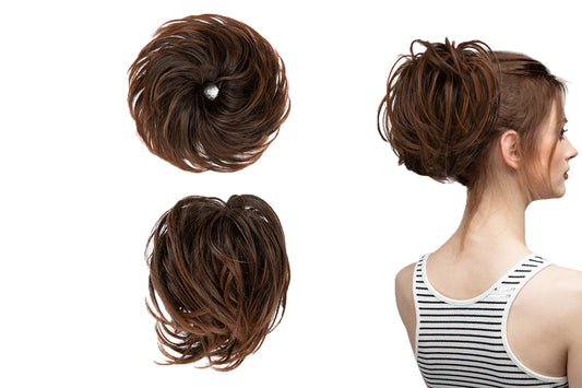 20CM High-Temperature Fiber Natural Messy Bun Scrunchy Thick Messy Bun Hair Piece-Black To light Auburn