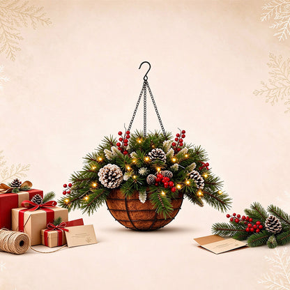 Pre-Lit Artificial Christmas Hanging Basket and Wreath LED Lights with Red Berries