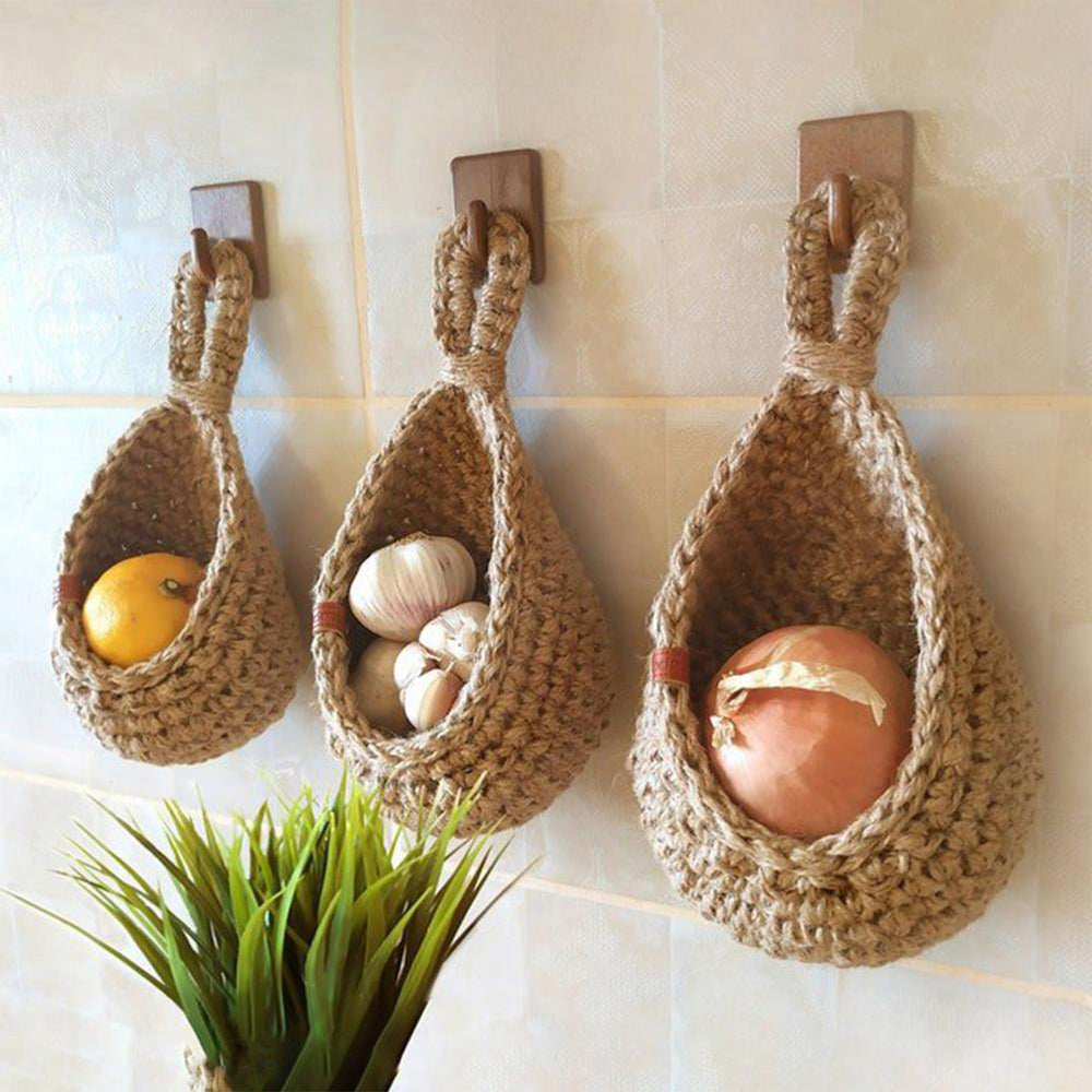Hanging Wall Vegetable Fruit Basket Holder Woven Kitchen Organizer Bag