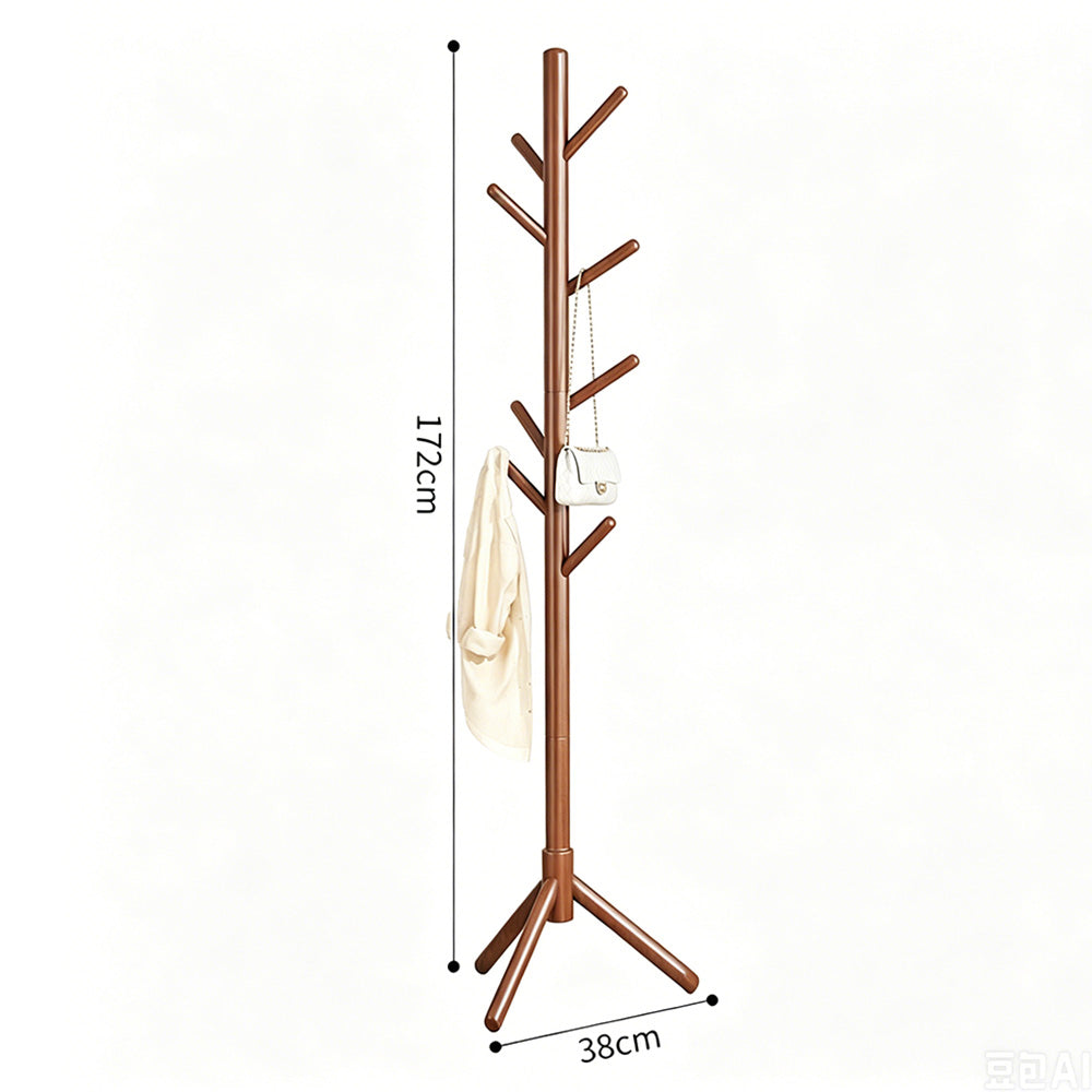 Solid Wood Freestanding Coat Rack with 8 Hooks Tripod Base for Bedroom Entryway-Walnut