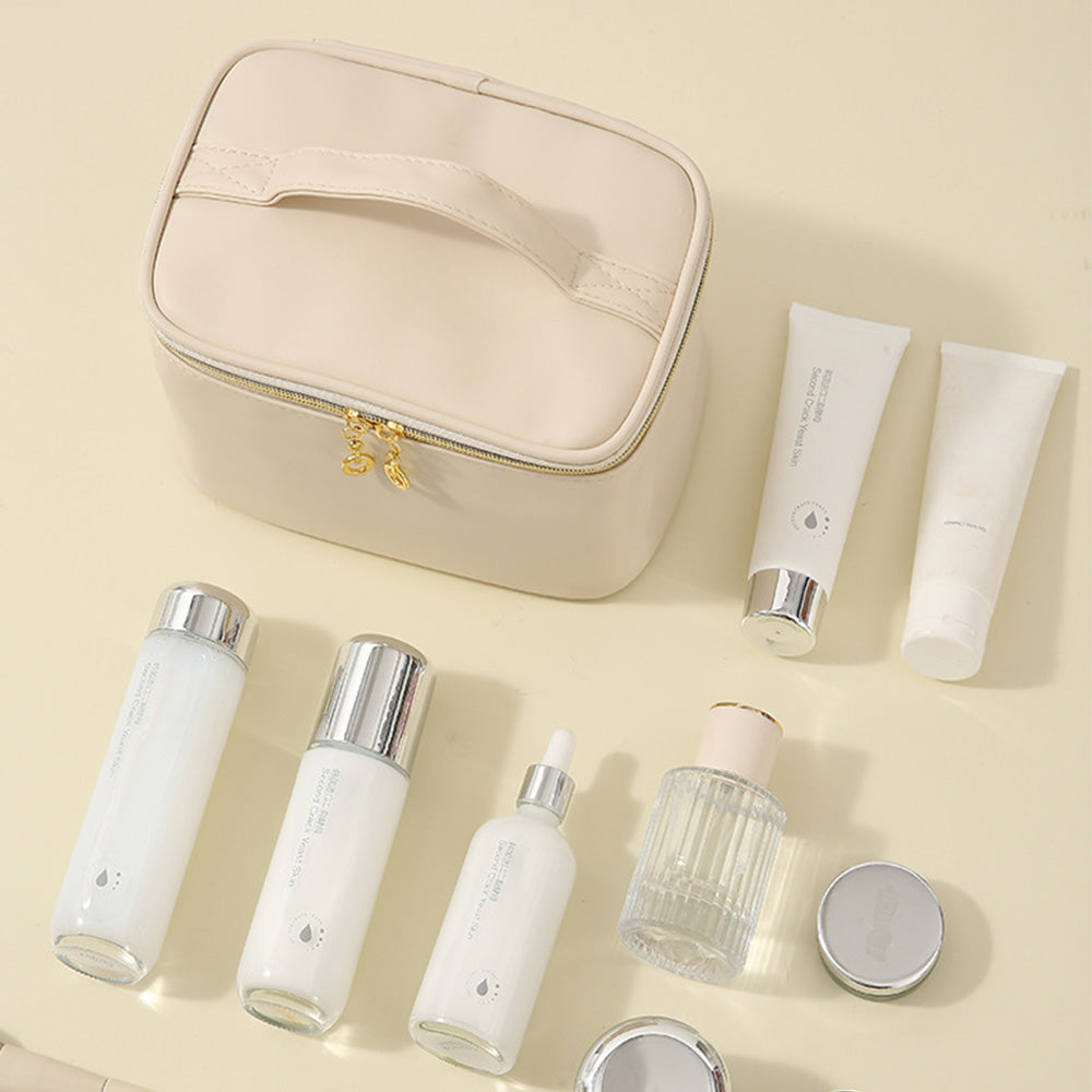 PU Leather Makeup Bag Large Capacity Travel Cosmetic Bag Toiletry Bag for with Handle and Divider White