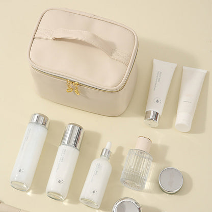 PU Leather Makeup Bag Large Capacity Travel Cosmetic Bag Toiletry Bag for with Handle and Divider White