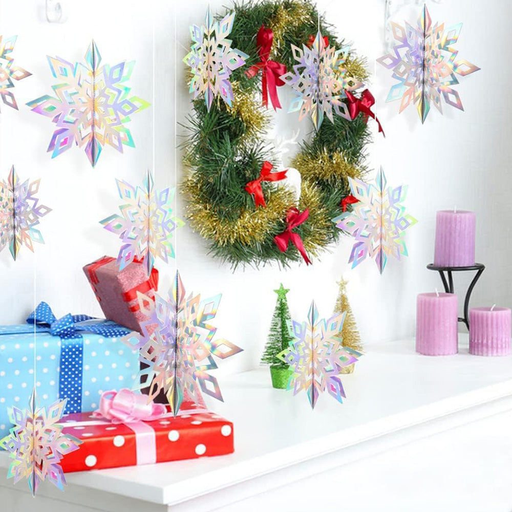 3D Paper Snowflake Hanging Decor Christmas Tree & Party Ornaments Iridescent Silver