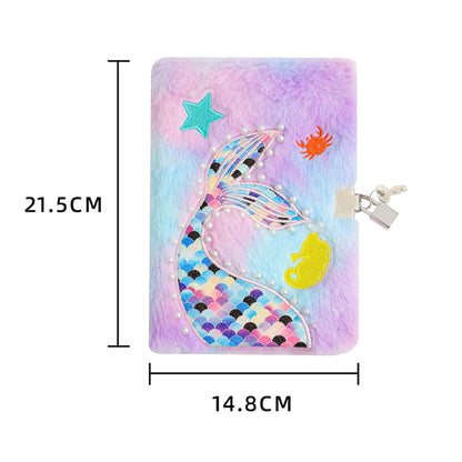 Mermaid Diary for Girls Tie-Dye Fluff Journal with Lock and Keys Secret Notebook Purple