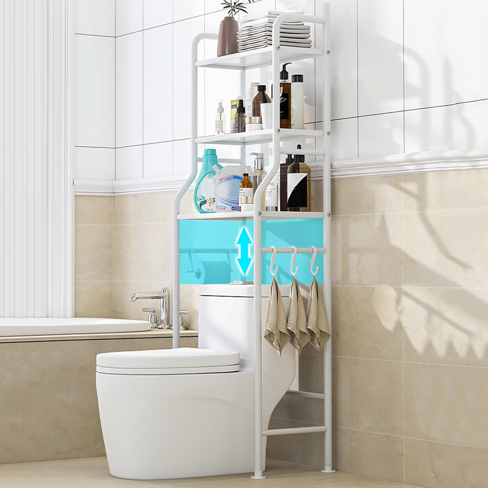 3 Tier Shelf Over Toilet Storage Rack With Paper Holder And Hooks-White