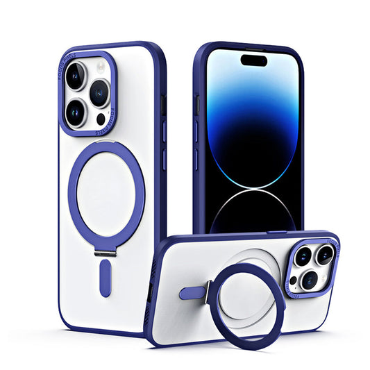 For iPhone 15 Series Magnetic Stand Case Anti-Scratch Shockproof Protective Case with Metal Ring Dark Blue