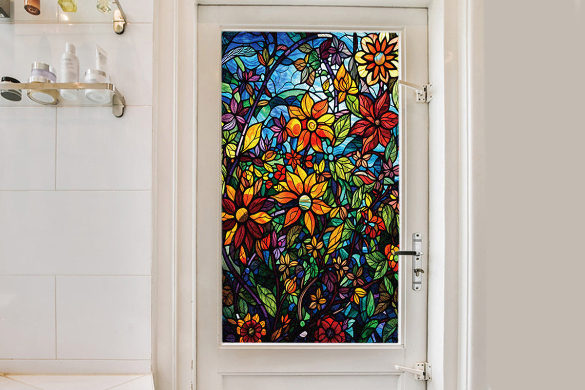 2Pcs Static Cling Windows Film Frosted Stained Glass Stickers Flower Decor