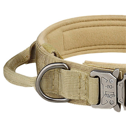 Adjustable Dog Collar with Handle Tactical Nylon Pet Collar for Medium Large Dogs-Khaki