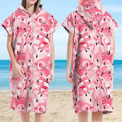 Adult Hooded Zip Up Swim Changing Robe Microfiber Beach Towel Poncho - Flamingo Head