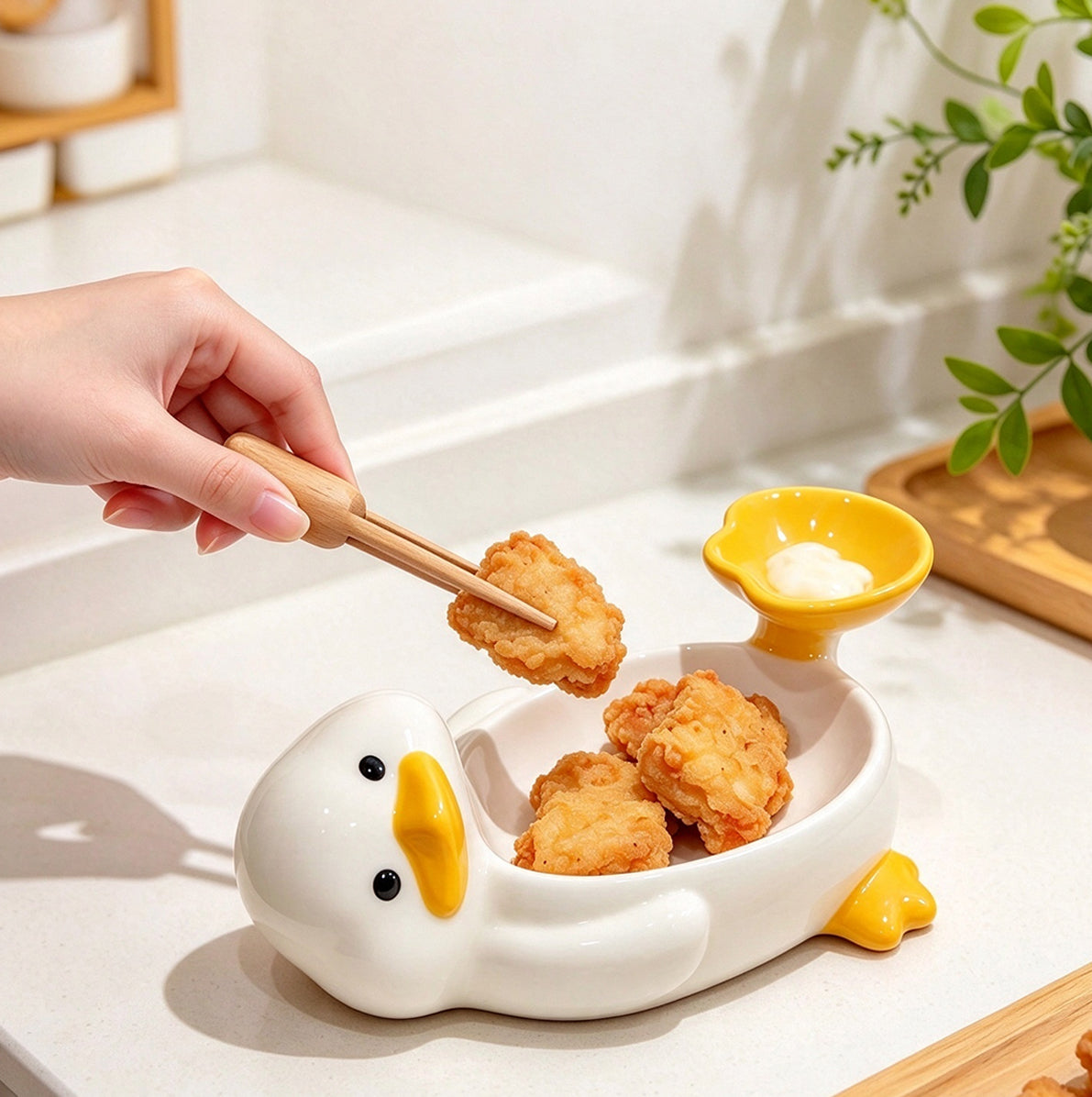 Ceramic Duck Shaped Snack Bowl with Built In Dipping Sauce Compartment