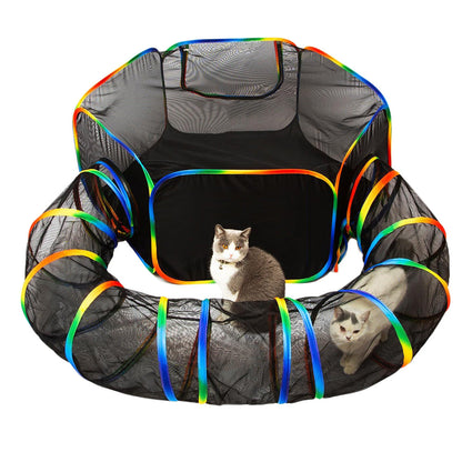 Outdoor Rainbow Cat Playpen ââ‚?Circular Enclosure with Tunnel & Catio
