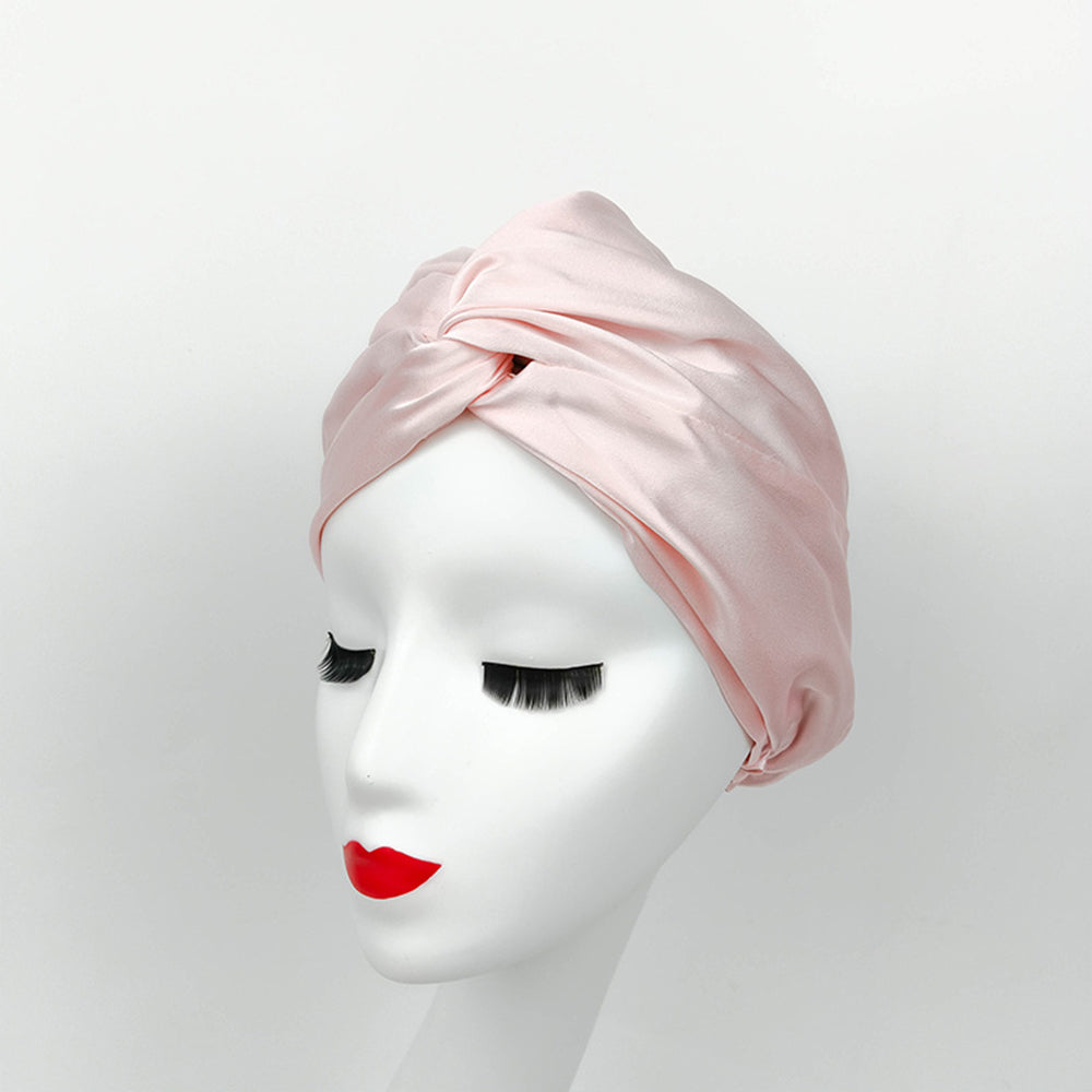 100% Silk Bonnet Sleep Cap for Women Hair Care Adjustable Knotted Turban Hat Pink