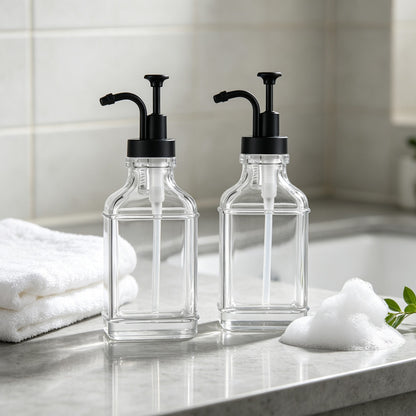 2 Pack 500ml Square Glass Syrup Soap Dispenser Bottles with Funnel - Black