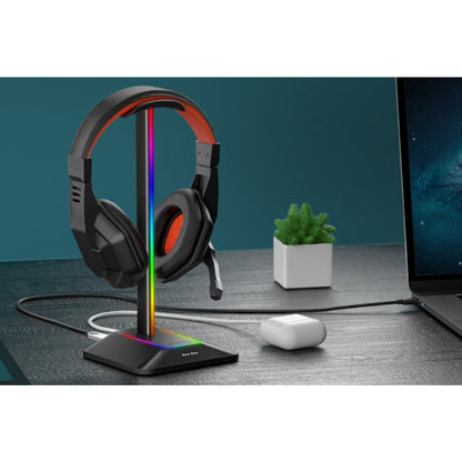 RGB Headphone Stand with Charging Port Desk Gaming Headset Stand with 7 Light Modes for All Earphone Accessories-Black